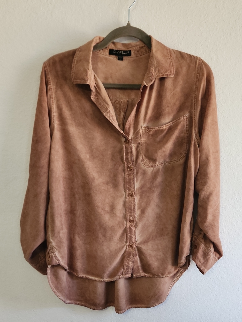 Western Boho Tan Brown Button Down Shirt High Low Hem Size M